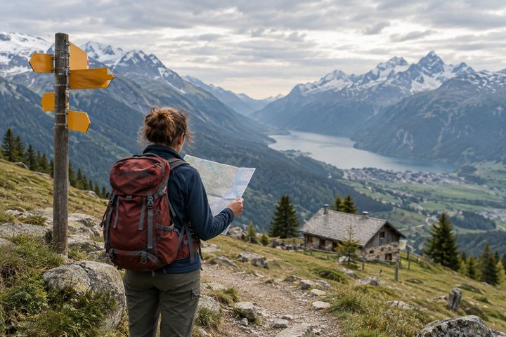 Wanderer prüft eine Karte an einer Weggabelung
