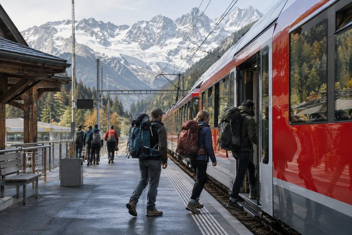 Reisende steigen an einem Bergbahnhof in den Zug