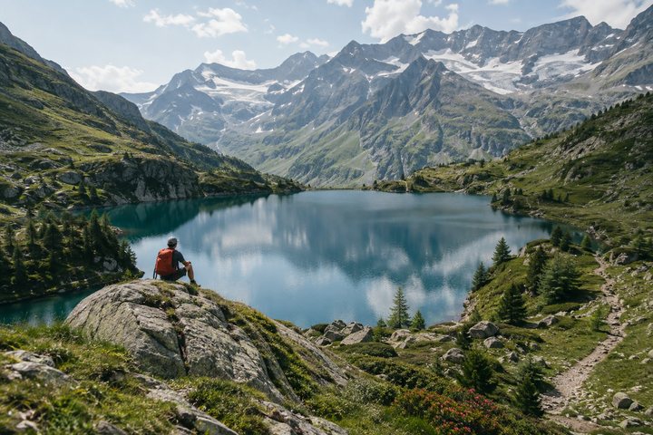 Wanderer ruht an einem Bergsee