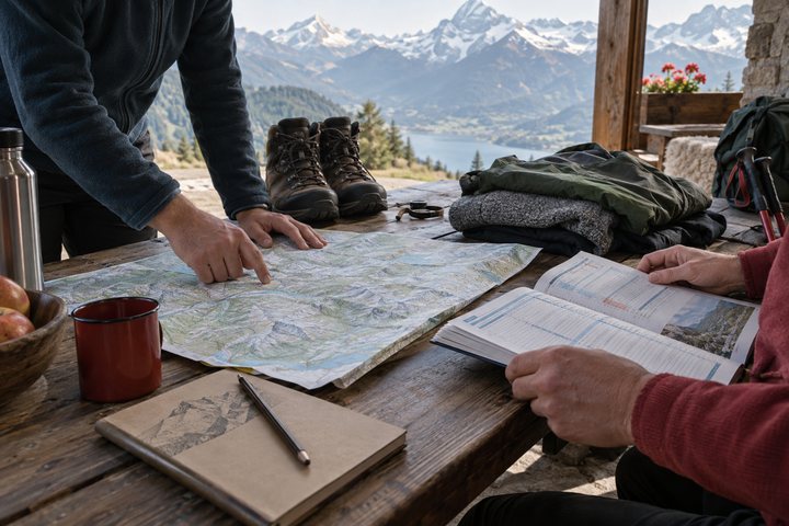Reiseplanung mit Karte, Ausrüstung und Notizen