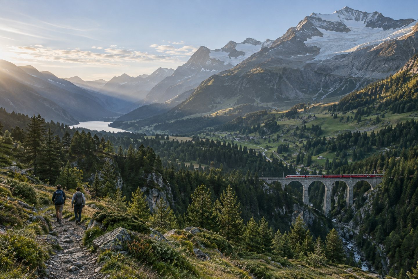 Zwei Wandernde über einem Alpental mit Bergbahn und Gletschern